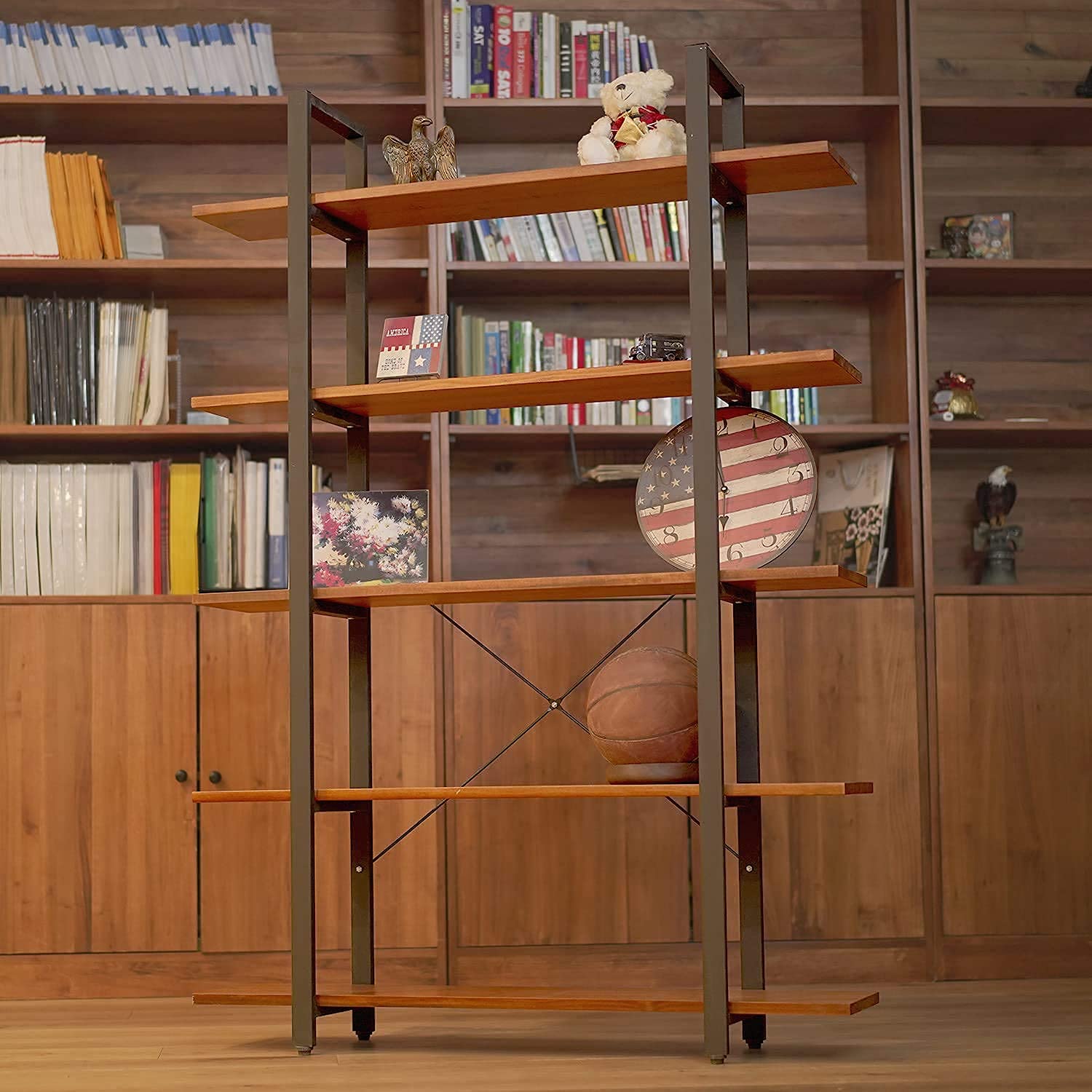 Industrial Bookshelf, USA Grown Hardwood, Real Wood Bookshelves, Modern Open Rustic Bookcase, Storage Shelf, Display Shelf, Poplar Solid Wood-5 Tier Shelf