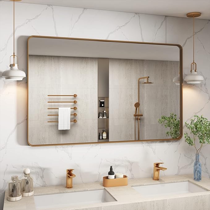 Silver Brushed Bathroom Mirror for Wall, Brushed Silver Metal Framed Bathroom