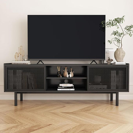 TV Stand for TVs Up to 70 Inch, Accent Iron Rattan Storage Cabinet Television