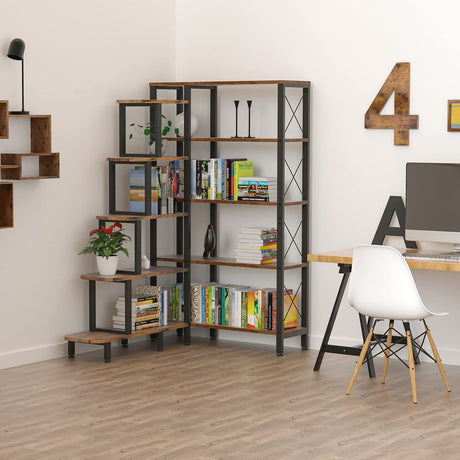 Large Corner Bookshelf Bookcase, Industrial Reversible 5 Tier Ladder Shelves Storage Display Rack with Metal Frame,