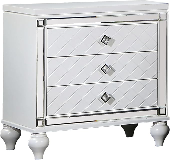 Benjara Calan 28 Inch Nightstand, 3 Drawers, Pebble Texture, Mirror Trim, White and Chrome