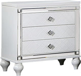 Benjara Calan 28 Inch Nightstand, 3 Drawers, Pebble Texture, Mirror Trim, White and Chrome