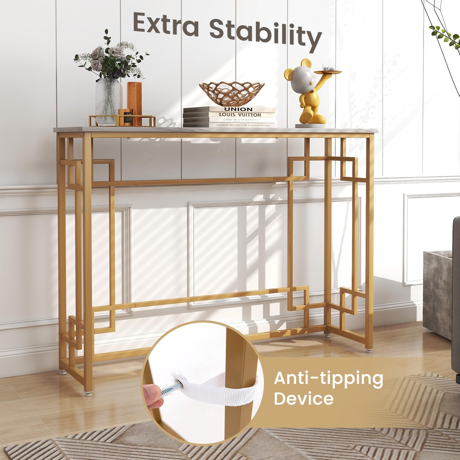 43.5" Modern Console Table, Narrow Entryway Table with Geometric Golden Frame & White Faux Marble Tabletop,