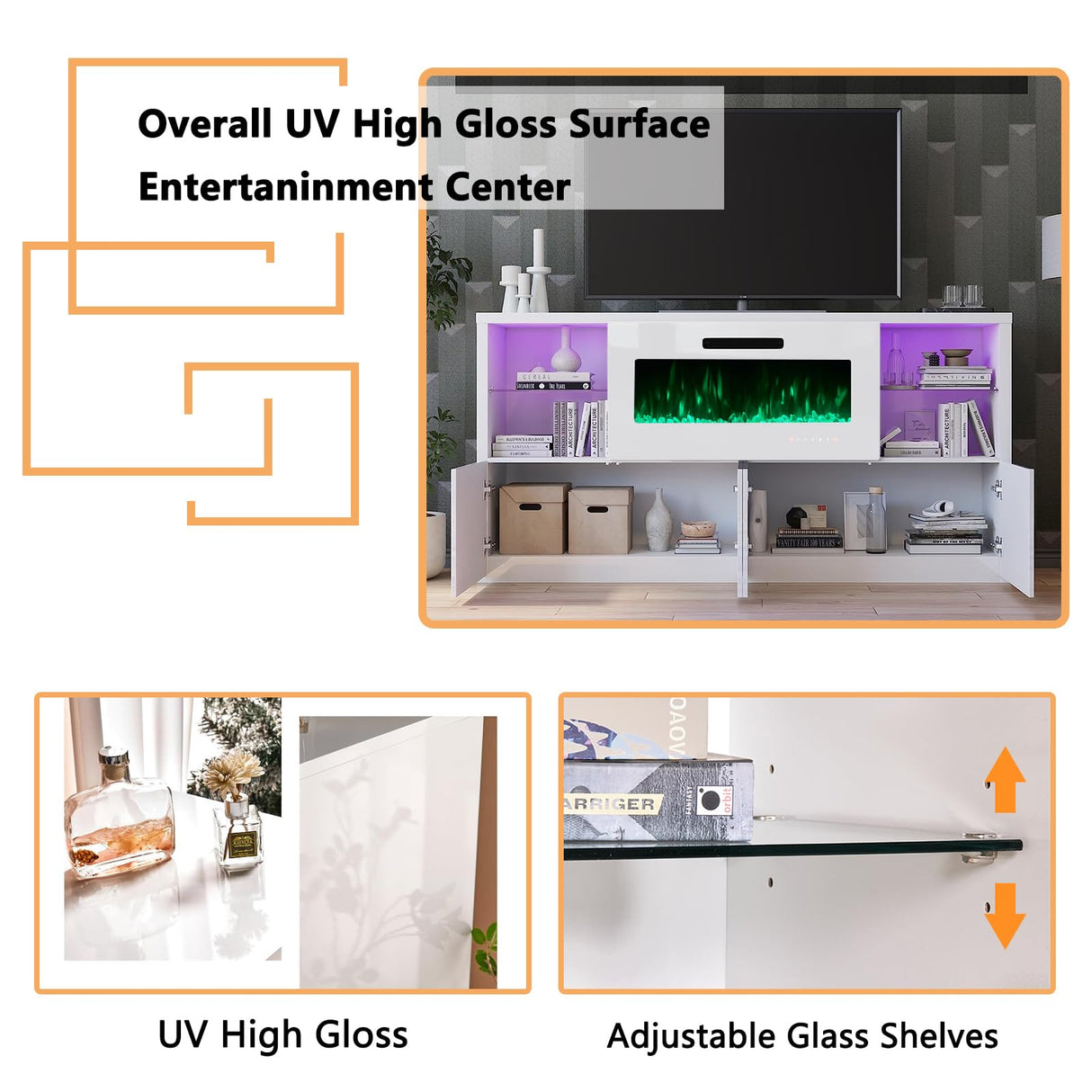 3 Piece Modern High Gloss Fireplace TV Stand + Bookcase Set for Living Room