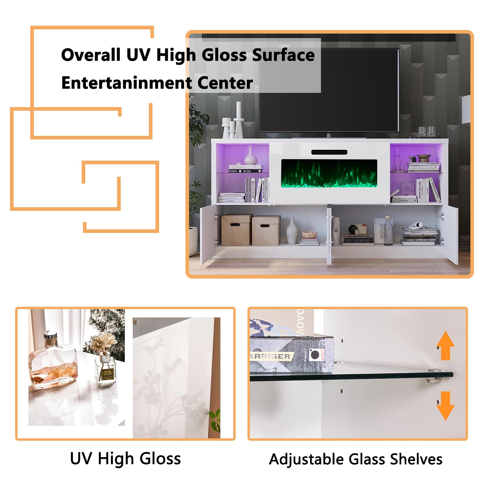 3 Piece Modern High Gloss Fireplace TV Stand + Bookcase Set for Living Room