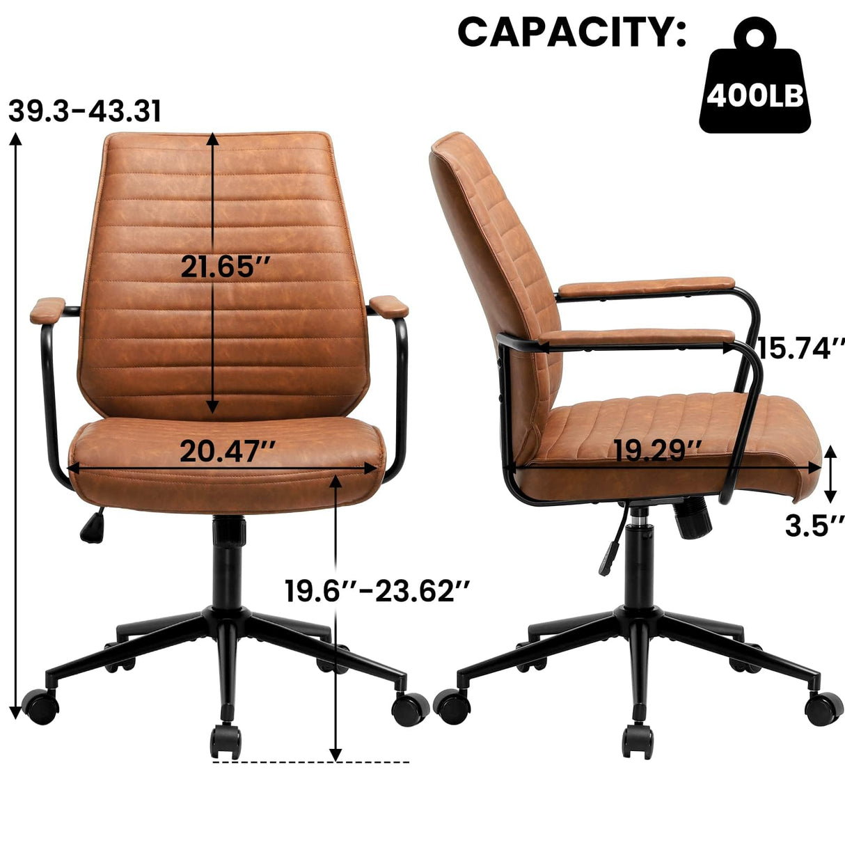 Brown Leather Executive Office Chair - Adjustable Mid-Back Swivel Desk Chair
