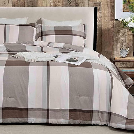 Queen Comforter Set, Grey & Black Patchwork Stripe Pattern Print Reversible Comforter