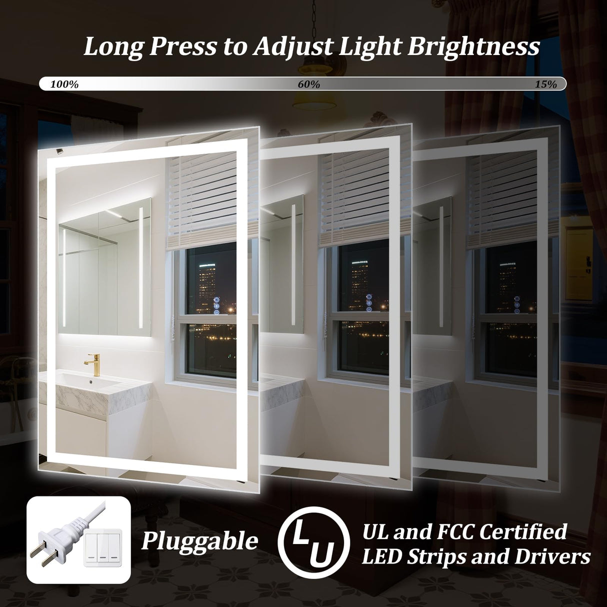 LED Bathroom Mirror 36x24 with Anti-Fog & Dimmable Lighting