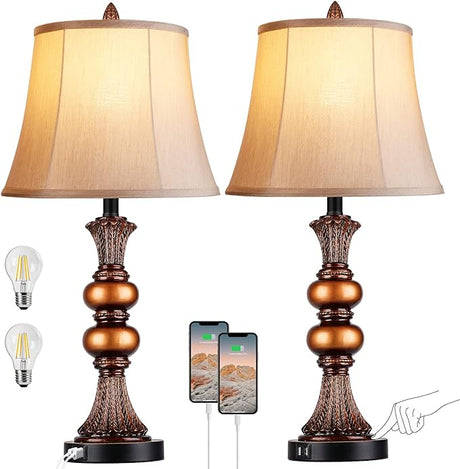 Traditional Table Lamp Set of 2, Vintage Bedside Lamps with 3 Color Temperatures LED Bulbs