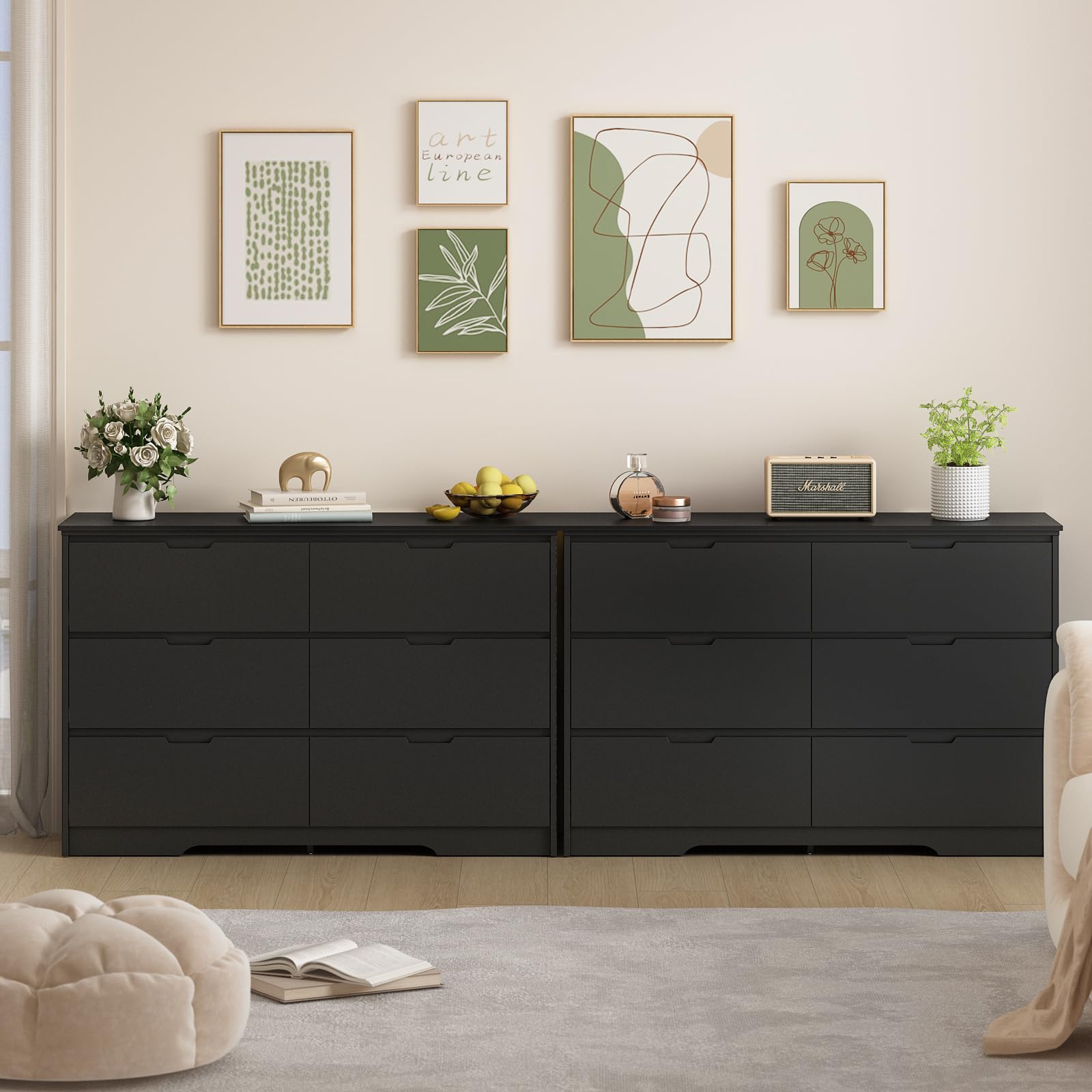 Black Dresser for Bedroom, 6 Drawer Dresser