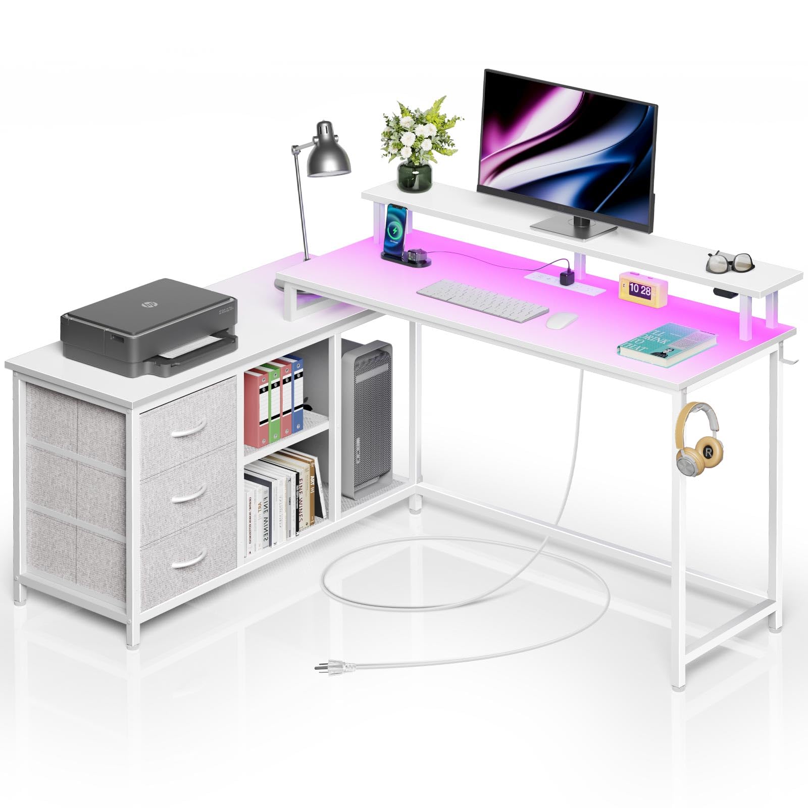 Seventable L Shaped Computer Desk with Drawers, Reversible Gaming Desk with LED Lights & Charging Port, Corner Desk with Storage Shelves & Monitor Stand for Home Office White