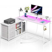 Seventable L Shaped Computer Desk with Drawers, Reversible Gaming Desk with LED Lights & Charging Port, Corner Desk with Storage Shelves & Monitor Stand for Home Office White