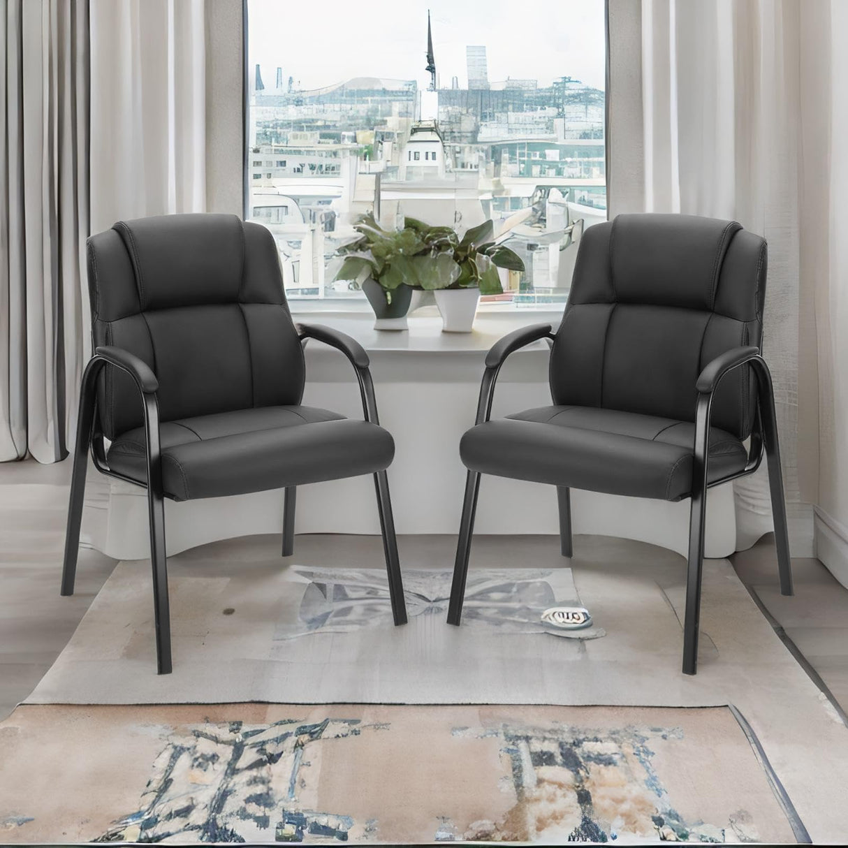 Leather Guest Chair Set of 2 with Padded Arms, Comfy Waiting Room Chairs