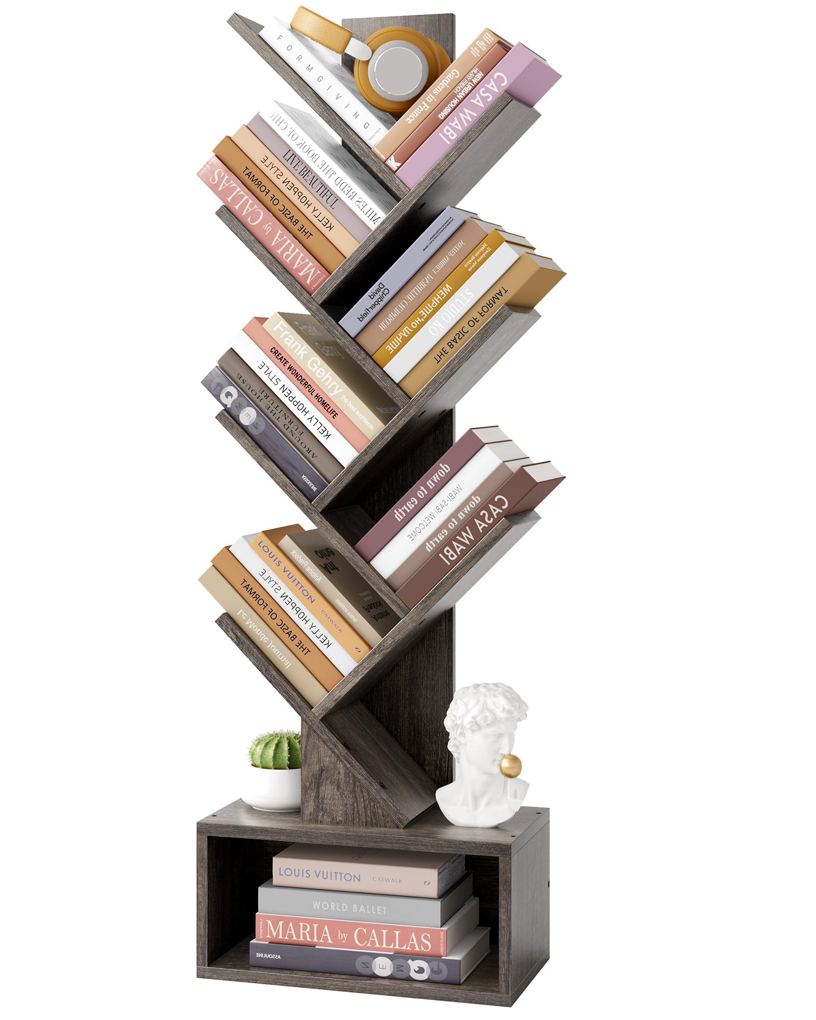 6 Tier Tree Bookshelf, Tall Bookcase with Drawer, Freestanding Book Shelf