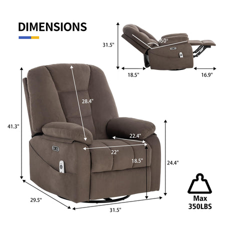 Swivel Rocker Recliner Chair for Adults, Power Rocking Reclining Chair for Living Room with Massage, Electric Fabric Recliner Sofa Chair with USB and Type-C Port (Brown)