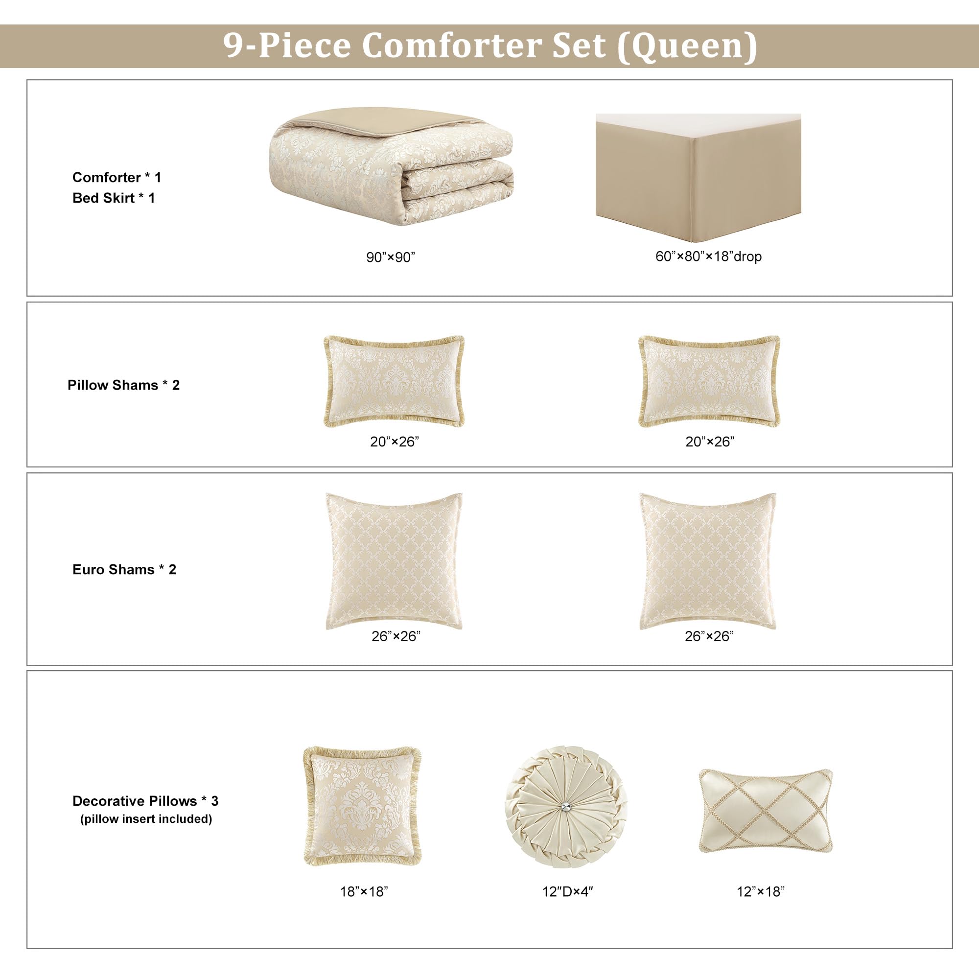 9-Piece Damask Comforter Set - Jacquard Medallion Floral Bedding Queen