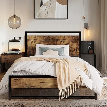 Queen Metal Bed Frame with Rustic Headboard & Footboard