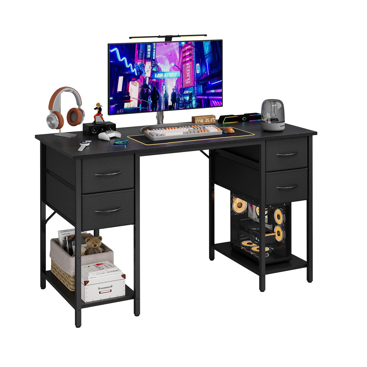 Computer Desk with 4 Drawers, 47 Inch Office Desk with Storage, Gaming Desk