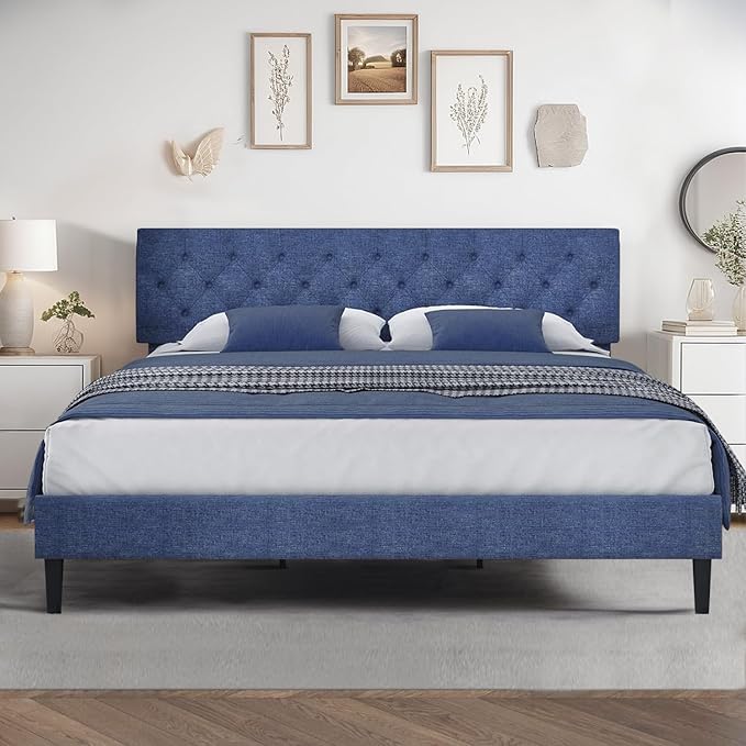 King Size Bed Frame and Headboard, Upholstered Bed Frame King Linen Fabric