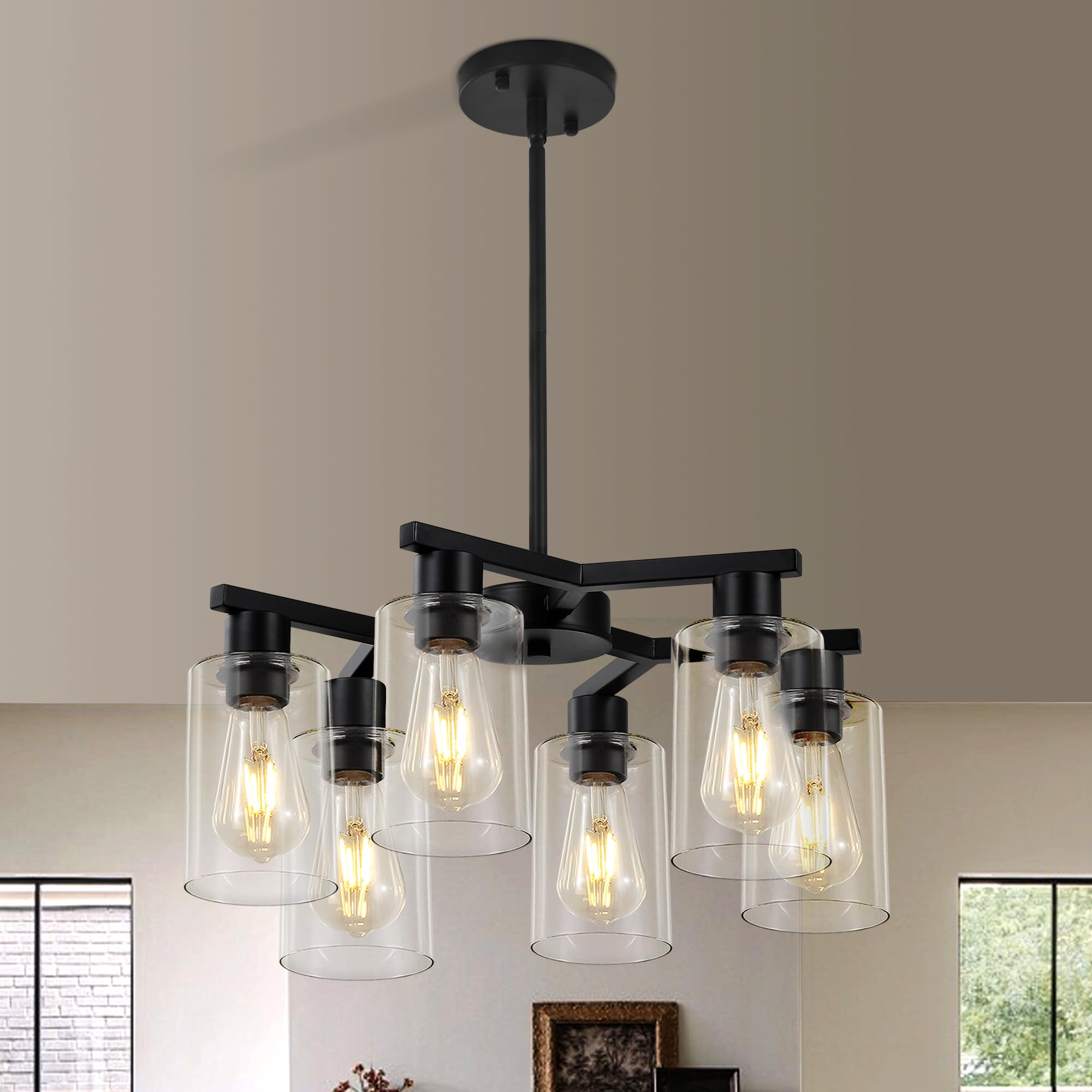 6-Light Modern Farmhouse Black Chandelier, Dining Room Light Fixture Over