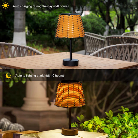 Solar Table Lamps for Outside,Handmade Rattan Woven LED Desk Outdoor Lamp Waterproof Boho Decoration for Garden,