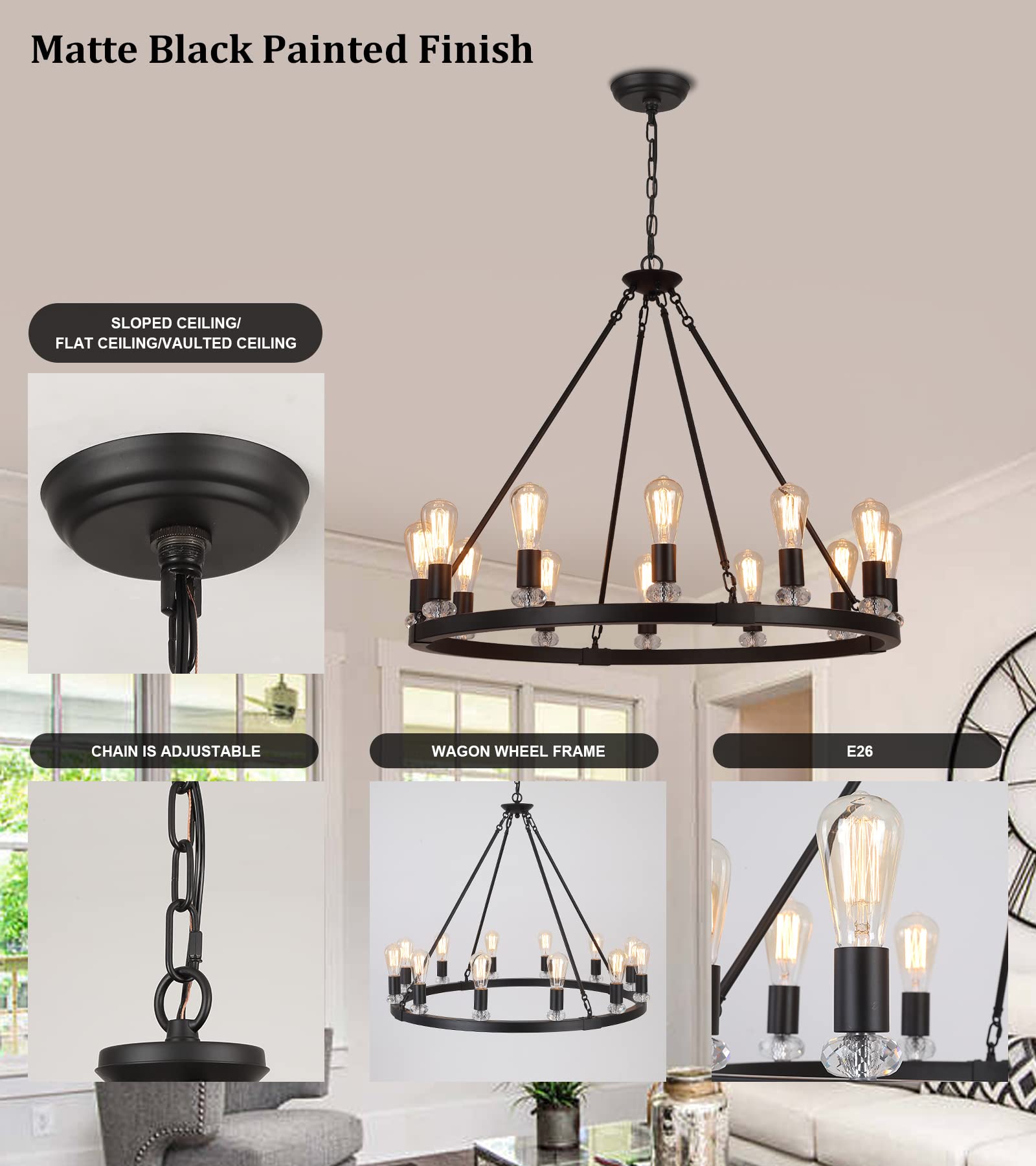 Black Wagon Wheel Chandeliers 12-Lights Large Modern Farmhouse Chandelier Light