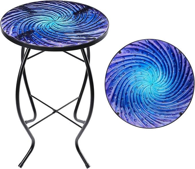 Outdoor Side Table - Small Mosaic Patio Table, 14” Round Accent End Coffee Table Glass