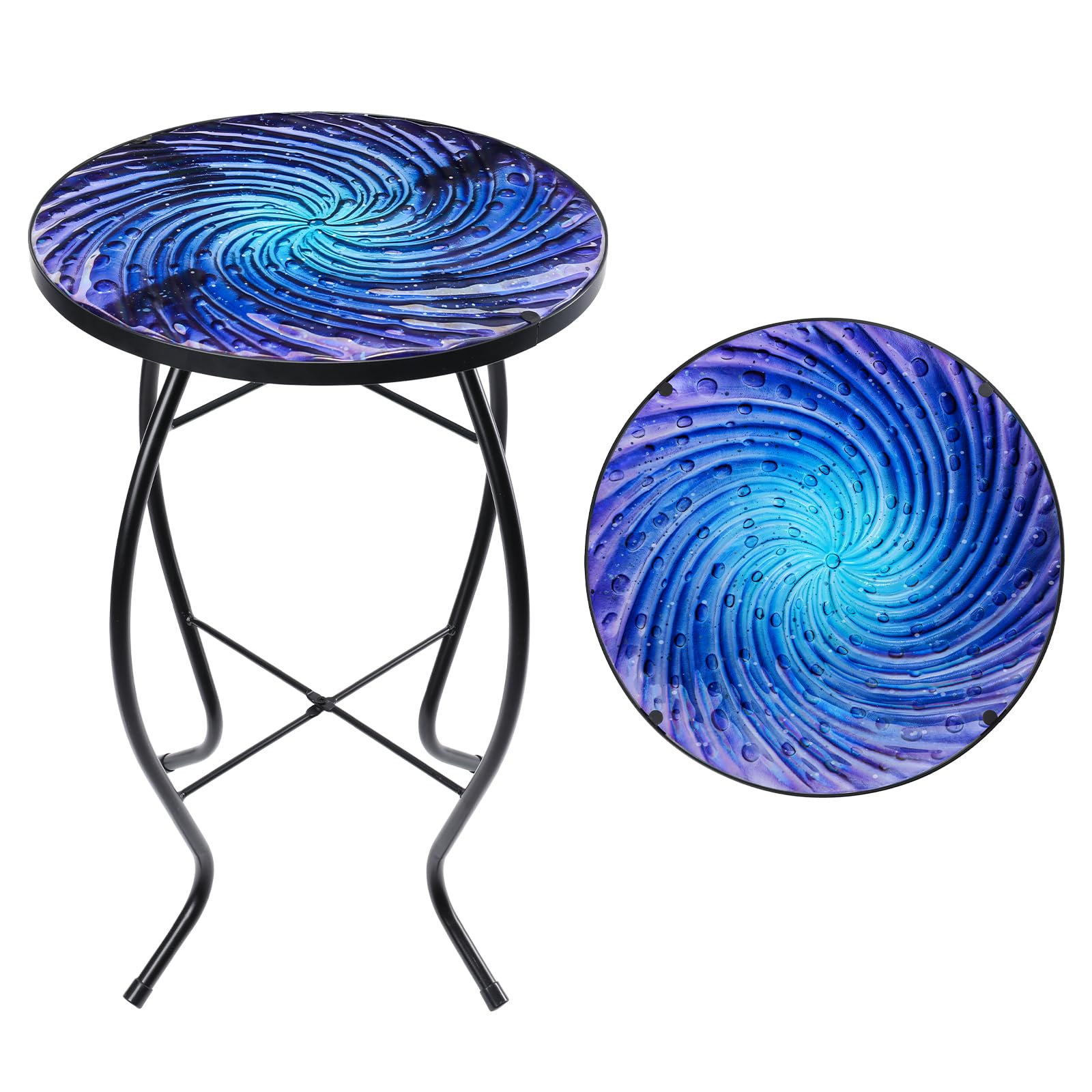 MUMTOP Outdoor End Tables for Patio, Deep Sea Round Side Table, Glass Accent Table for Outside, Garden, Balcony, Porch, Indoor Home Decor - Bircata