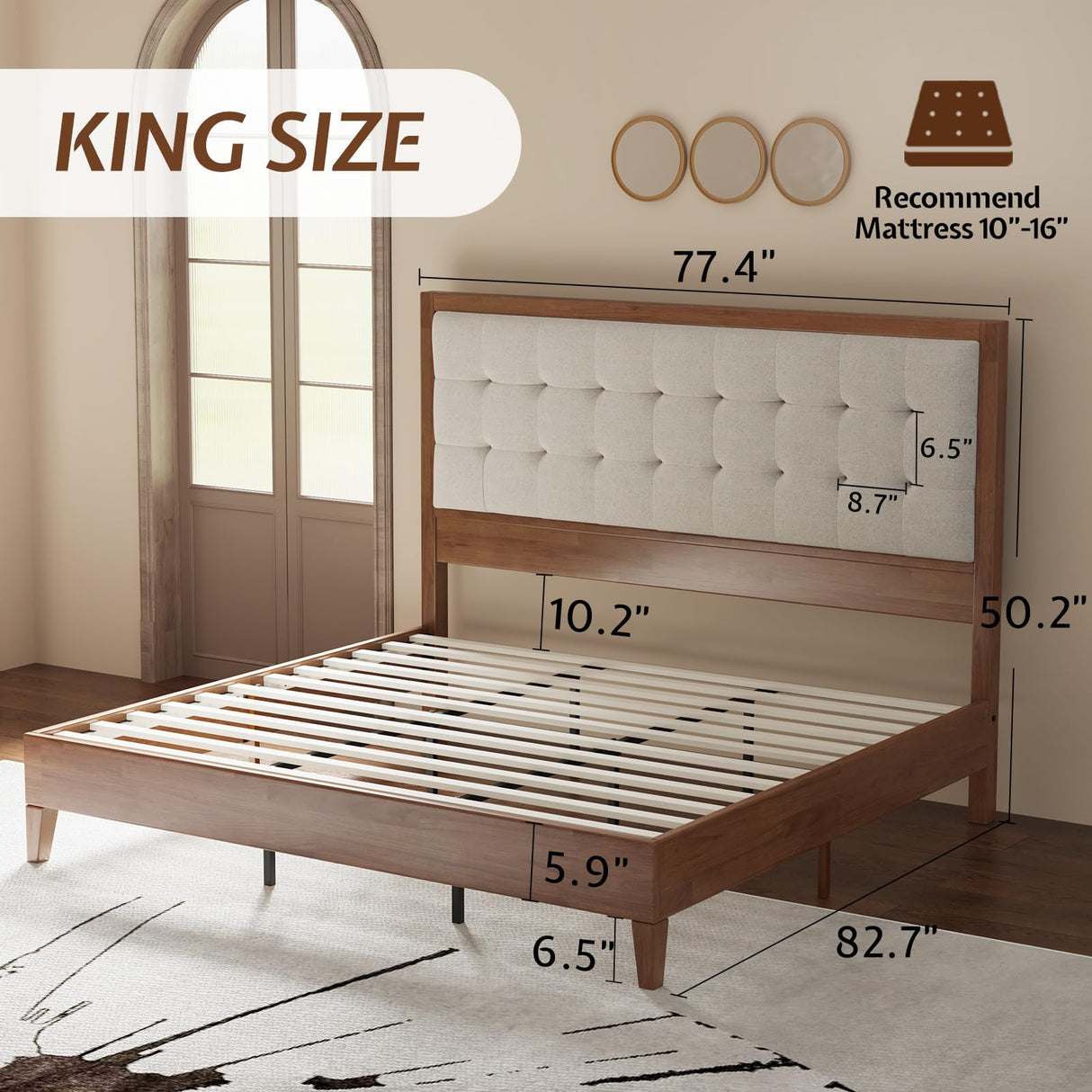 King Size Wood Bed Frame with Tall Tufted Headboard - Walnut