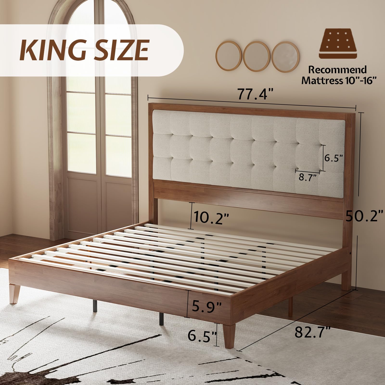 King Size Wood Bed Frame with Tall Tufted Headboard - Walnut