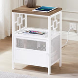 End Table with Charging Station, Industrial Side Table with USB Ports and Outlets, Bedside Tables with Door, 3-Tier Nightstand