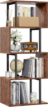 6-Tier Bookshelf, Tall S-Shaped Geometric Bookcase, Industrial Freestanding Display Shelf