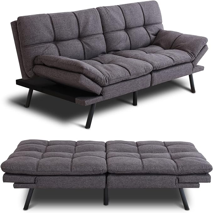 Futon Sofa Couch Bed,Convertible Adjustable Backrest Armrests Memory Foam Sofa Bed,