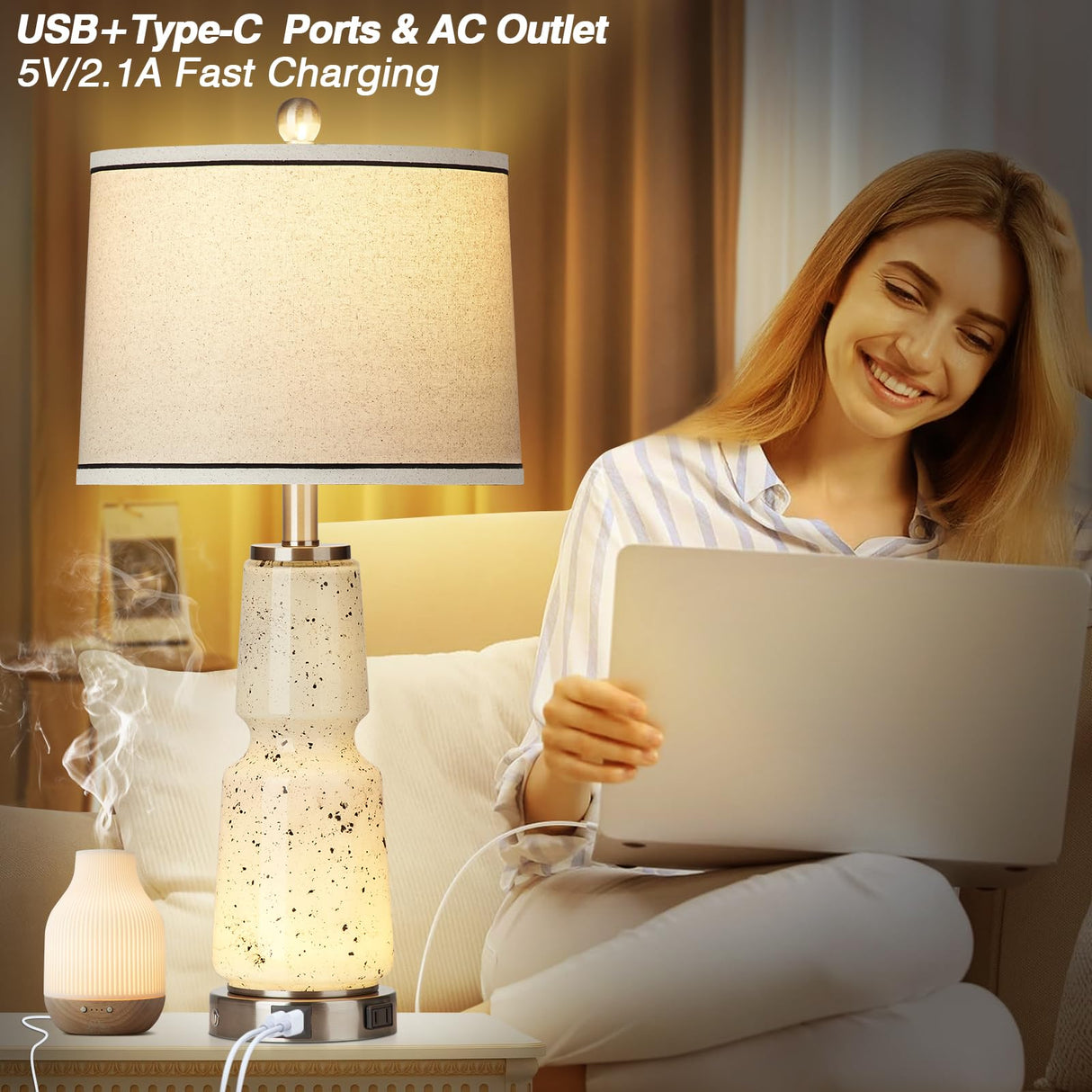 26" Glass Table Lamps Set of 2, Touch Control Modern Bedside Lamps with USB A+C