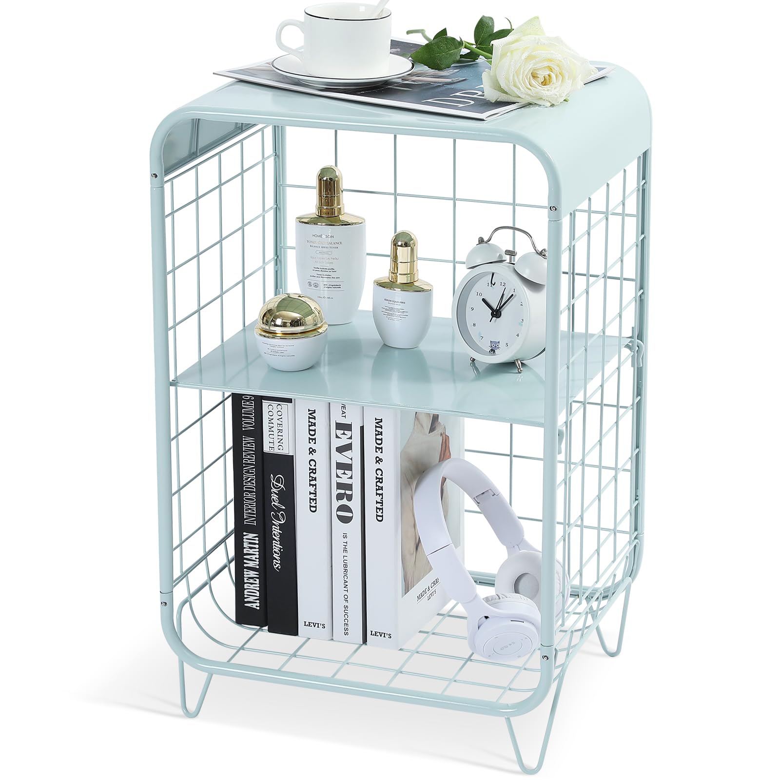 Nightstand,Metal Side Table,3 Tier End Table with Storage,Vintage Bedside Table,Girls Bedroom Furniture,Coffee Table for Living Room,Bedroom,Dorm,Mint Green