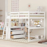 Full Size Loft Bed with Desk and Shelves, Wooden Loft Bed Full with Storage Drawers