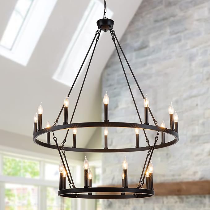 16-Light Black Wagon Wheel Chandelier Large Farmhouse Chandelier, Round Rustic