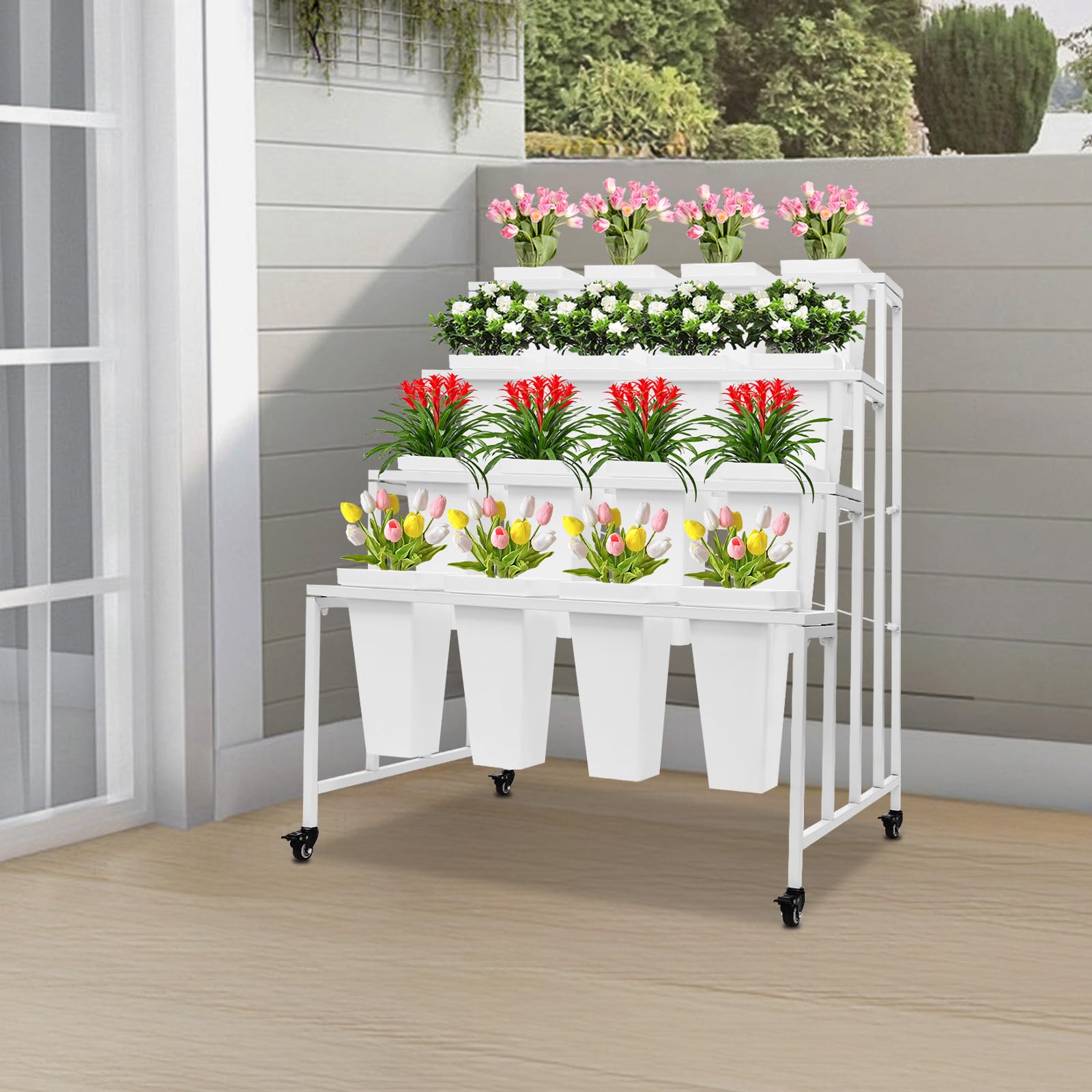 Flower Display Stand with Buckets, 4 Layers Metal Plant Stand with 16 Buckets