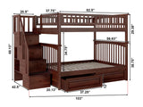 Columbia Full Over Full Size Staircase Bunk Bed with Raised Panel Bed Drawers in Walnut