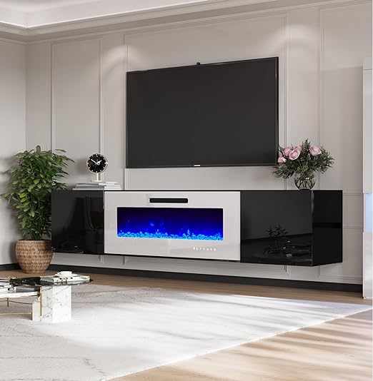 Floating TV Stand with 36" Electric Fireplace, High Gloss Finish Wall Mounted