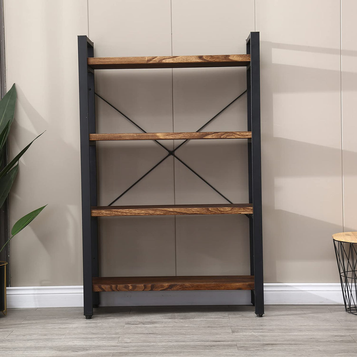 Solid Wood Bookshelf,4 Tier Rustic Vintage Industrial Etagere Bookcase
