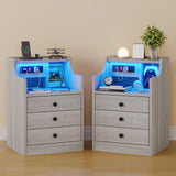 Grey Nightstand Set of 2,LED Nightstand with Charging Station