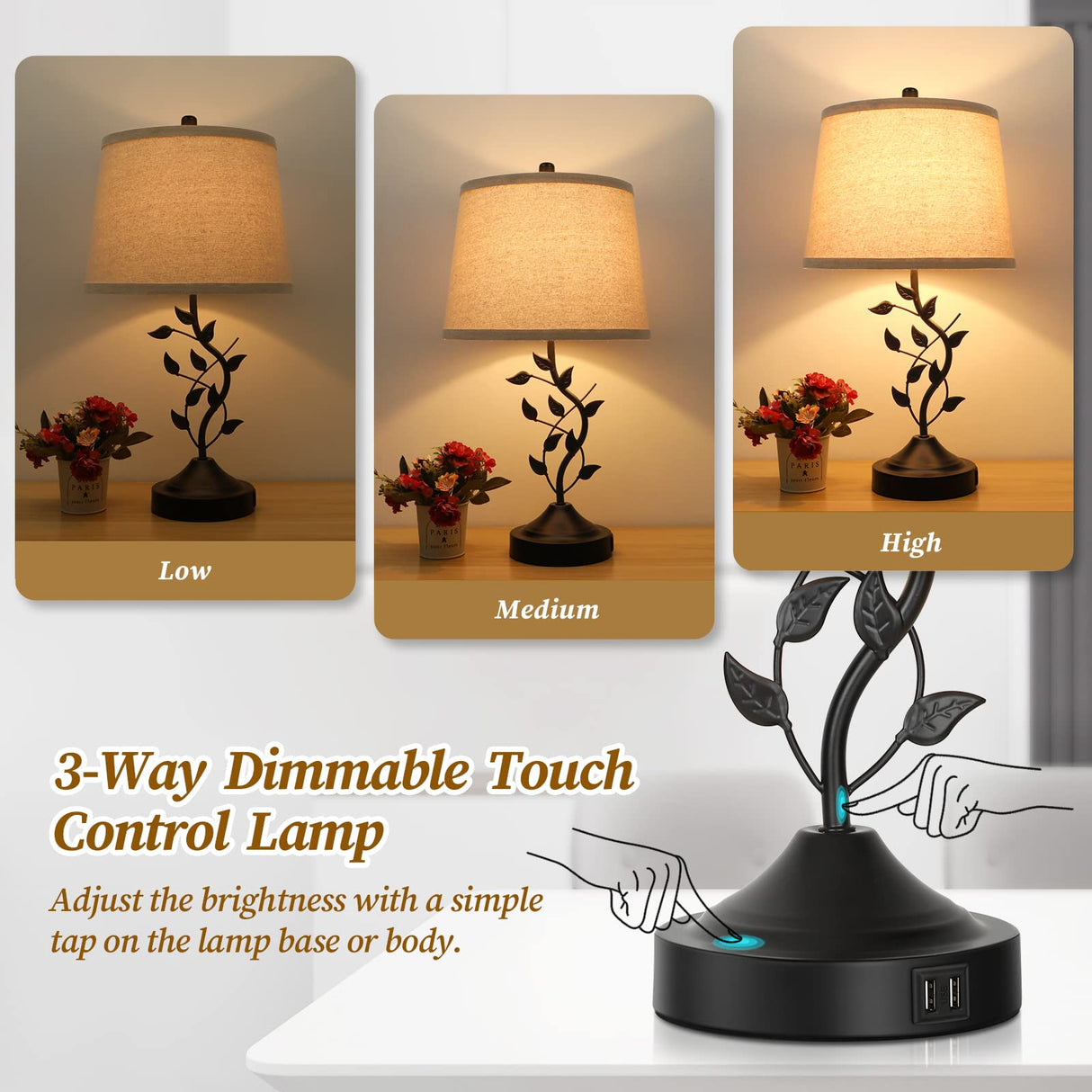 3-Way Dimmable Touch Table Lamps for Living Room Set of 2 Traditional Lamps for Bedroom with 2 USB Charging Ports Bedside Nightstand Lamps for Reading Retro Vine Lamps End Table Office, Bulbs Included