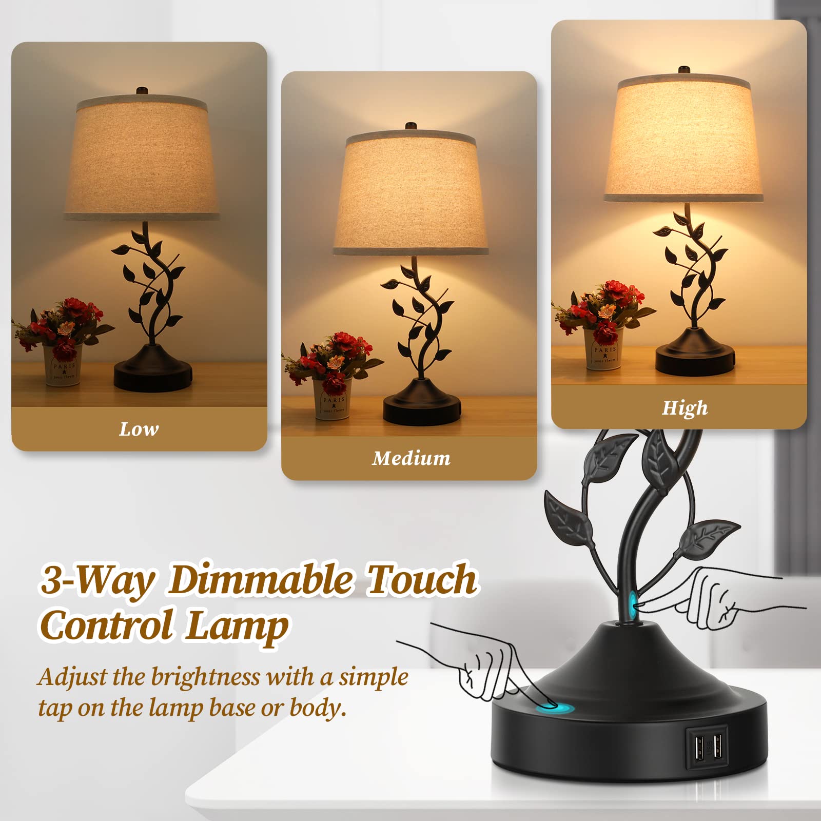 Dimmable Touch Table Lamps Set of 2 with USB Charging Ports