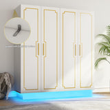 Modern 70in LED 4 Doors Armoires Wardrobe Closet White with Hanging Rod