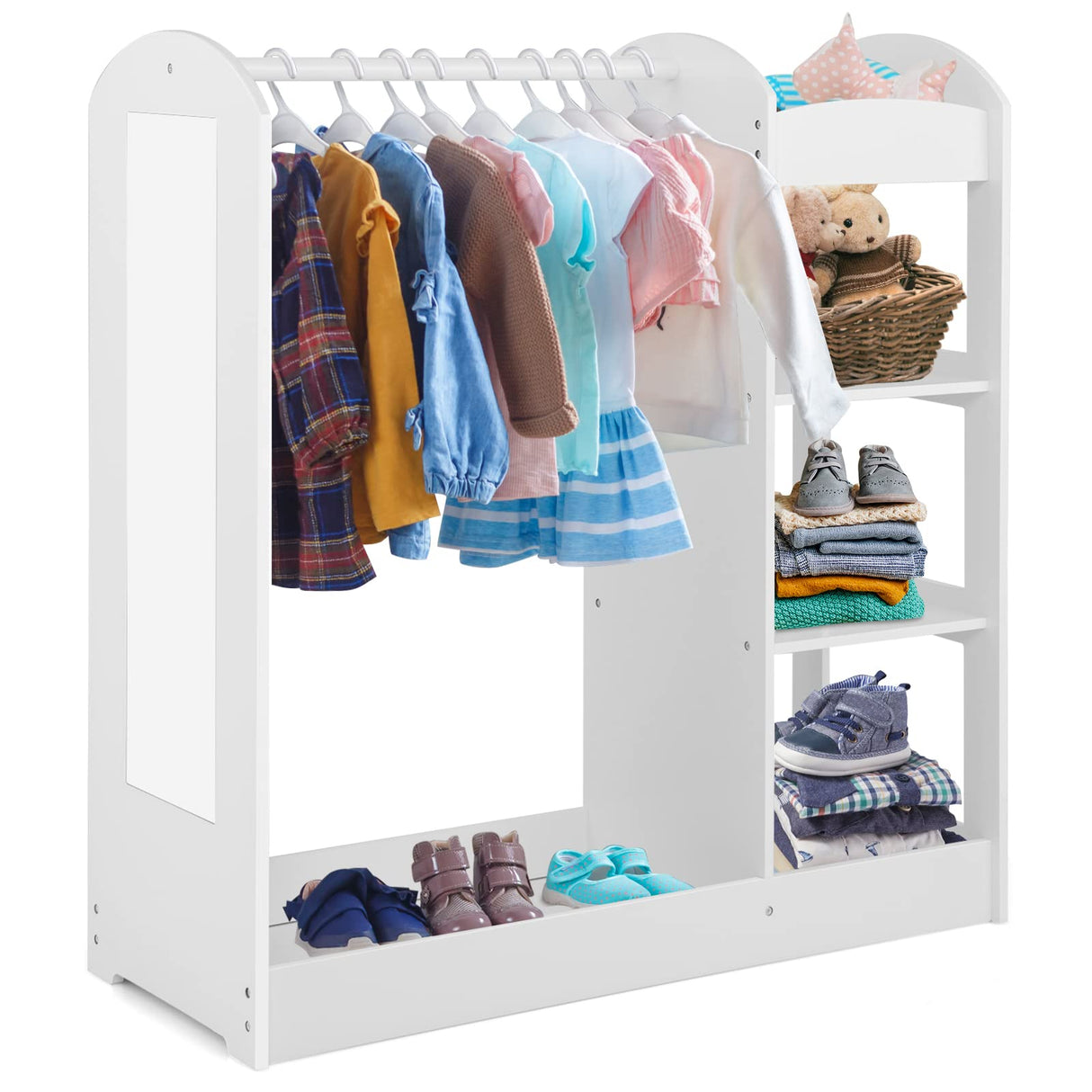 Kids Dress up Storage with Mirror, Clothes Rack, 3-Tier Shelves, Bottom Tray