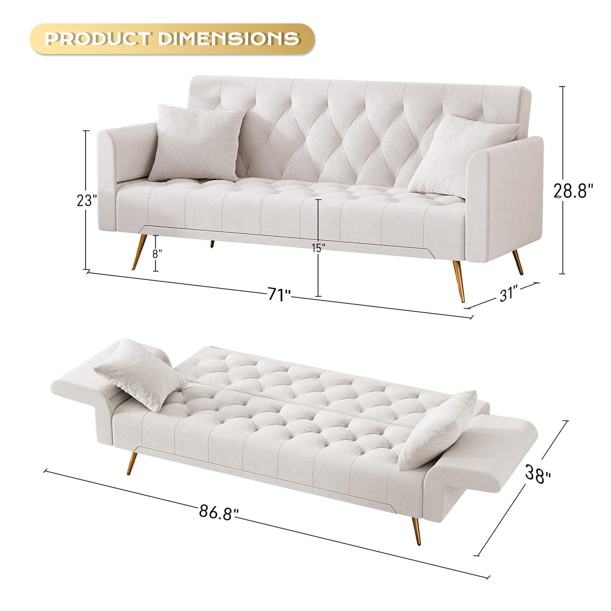 Modern Velvet Futon Sofa Bed, Small Couch, Loveseat, 71" Convertible Futon Sofa with Folding Armrests and 2 Pillows, Comfy Couch for Living Room, Bedroom, Beige