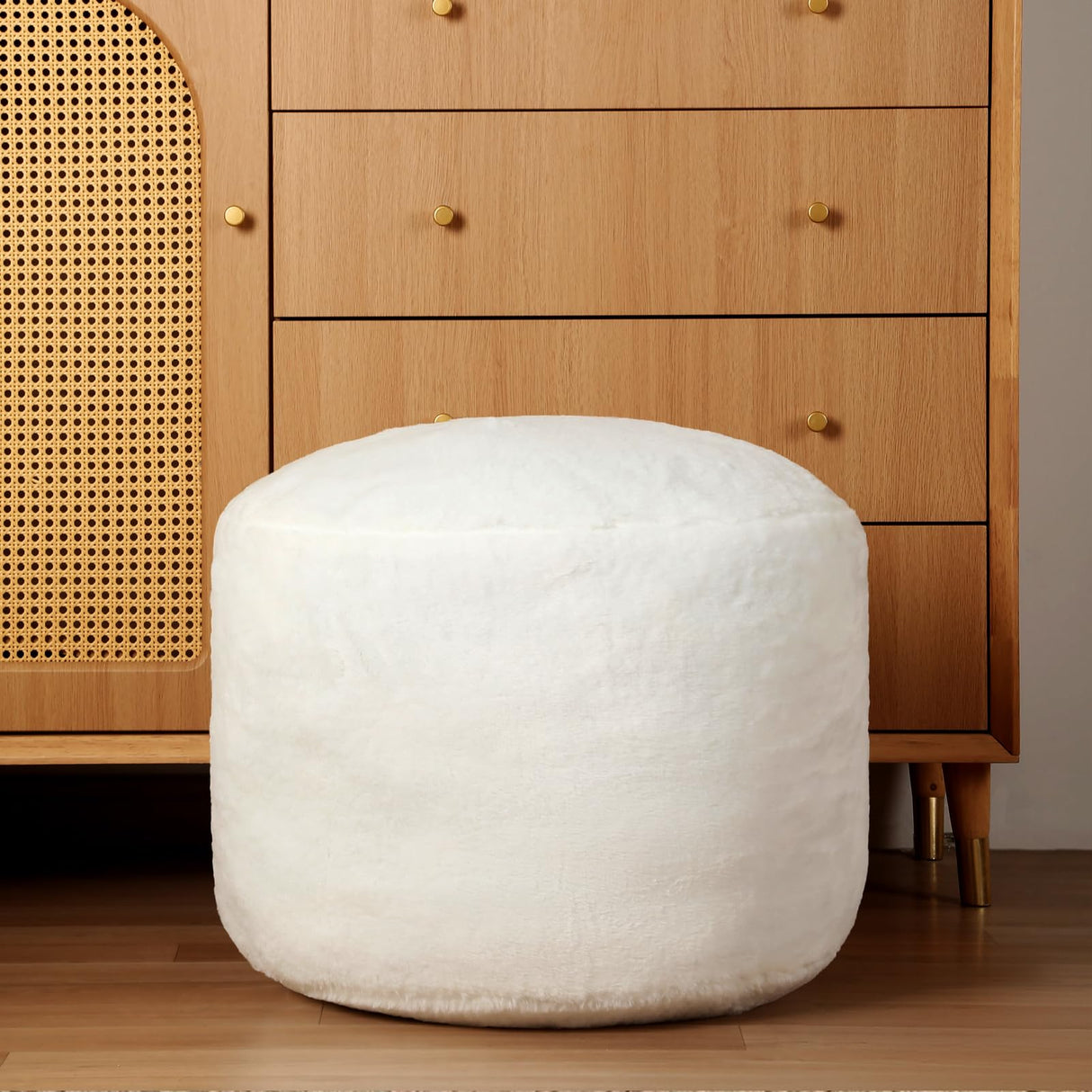 Round Stuffed Pouf Ottoman, Long Faux Fur Poufs with Foam Chunk Filling