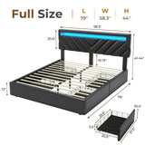 Full Bed Frame with LED Lights and Drawers, PU Leather Bed with Charging Station,