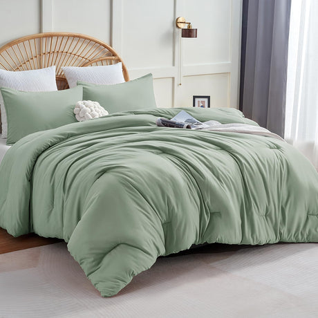 Sage Green Comforter Set Queen Size, 3 Pieces Solid Breathable Quilted Style Bedding